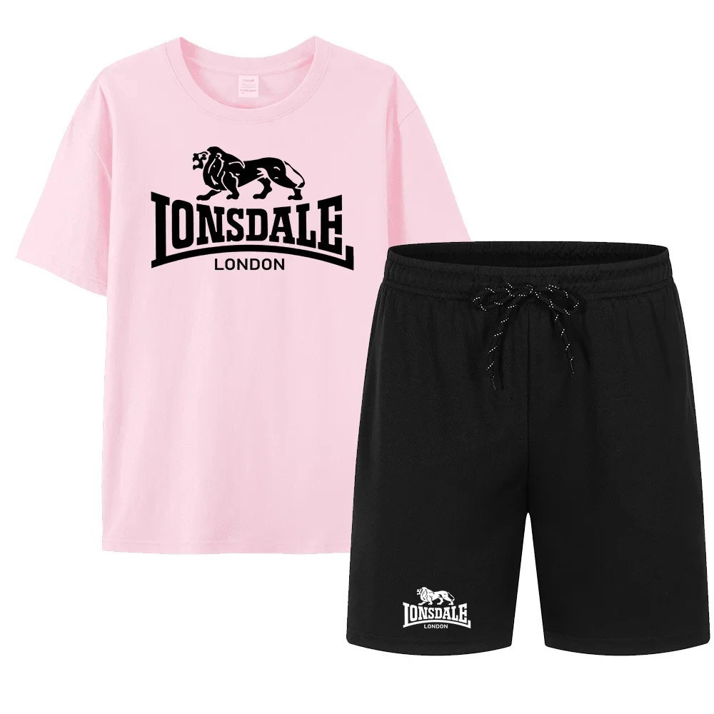 LONSDALE Summer Men/Women Couple Set Sportswear Pure Cotton T-shirt+Sports Breathable Shorts Set Men's Jogging Pants