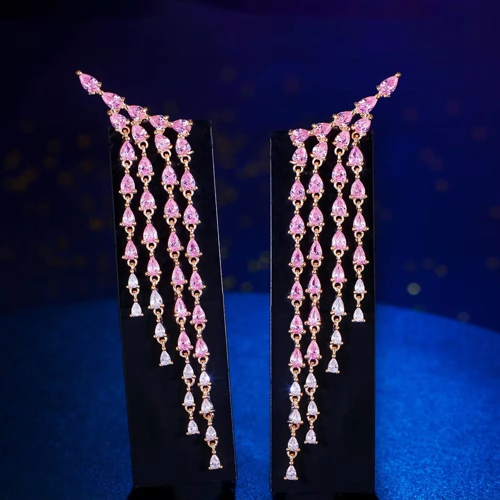 CWWZircons Luxuriöse Glänzende CZ-Quasten-Wassertropfen-Cluster Lange Hängeohrringe für Damen, Brautschmuck, Hochzeitsschmuck, Party-Schmuck, Großhandel E1179 – Detail 1