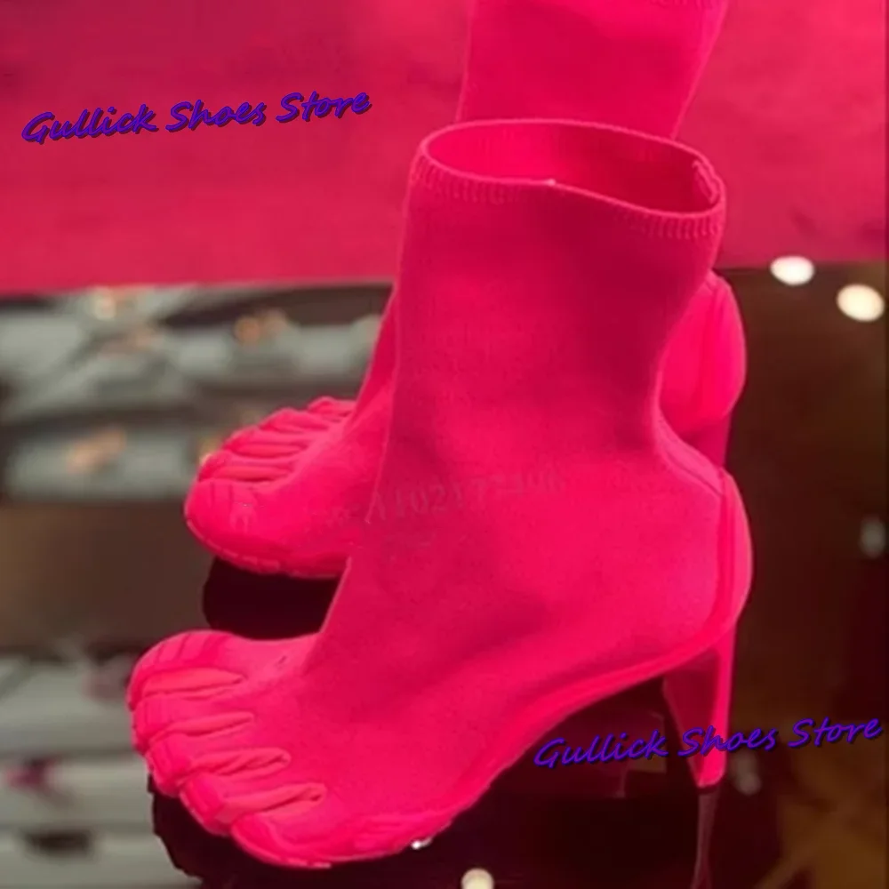 Botas lisas de cinco dedos para mujer, botines con punta abierta, tacón alto, color rojo, desfile de moda, vestido de lujo, zapatos nuevos de pasarela 2025