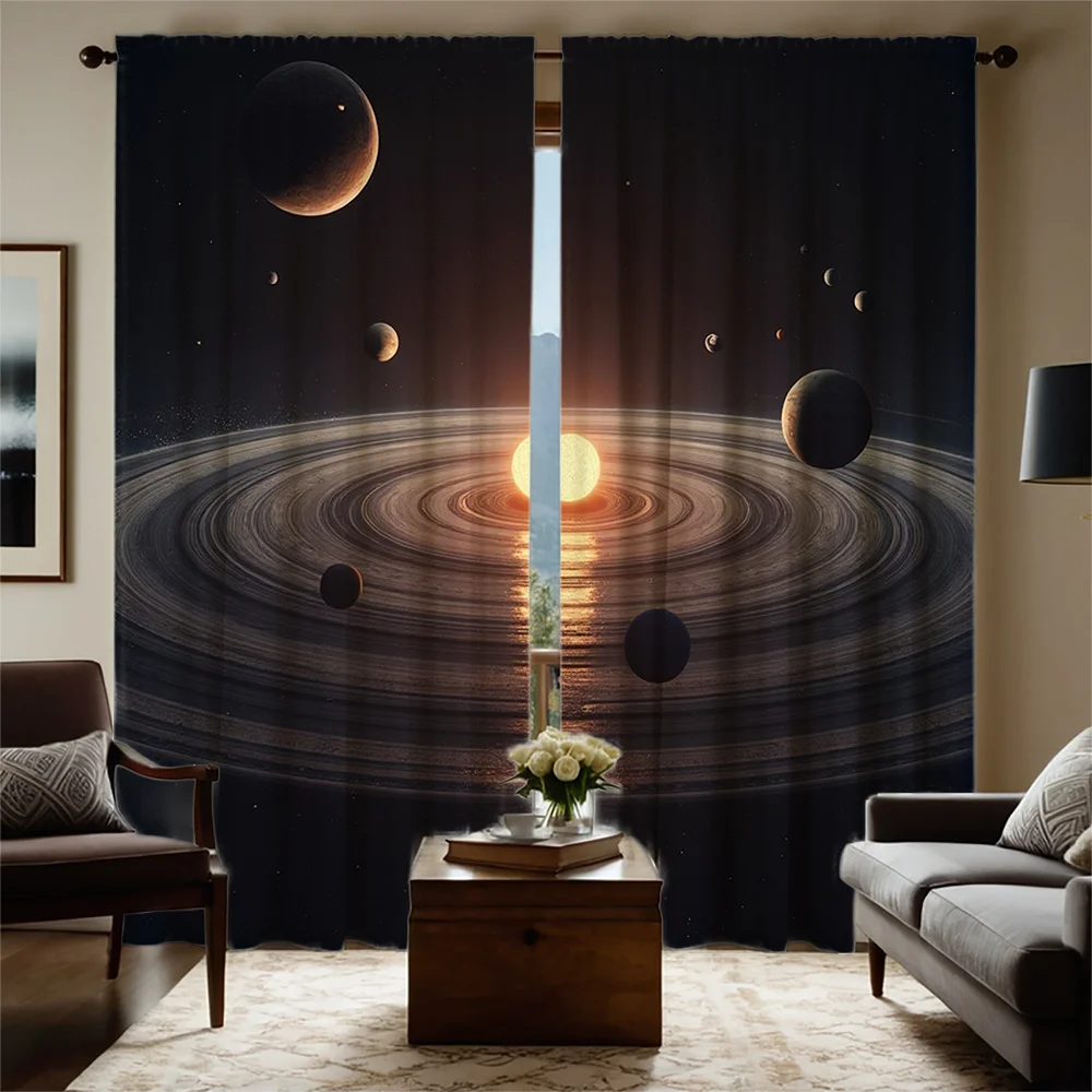2pcs Space-Themed Curtains - Celestial Design with Sun, Planets & Rings, Semi-Transparent Polyester Fabric, Rod Pocket for Easy