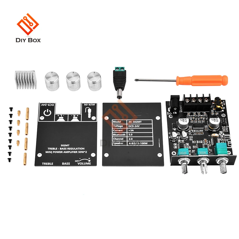 502MT 2*50W Bluetooth 5.0 Subwoofer Amplifier Board High Power Audio Stereo Amplifier Board AUX Bass Treble AMP 12V 24V