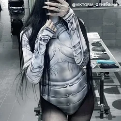 Goth Dark Techwear-body con estampado Y2k para mujer, camisetas de manga larga Cyber Gothic Punk, Bodycon, ropa de calle Grunge