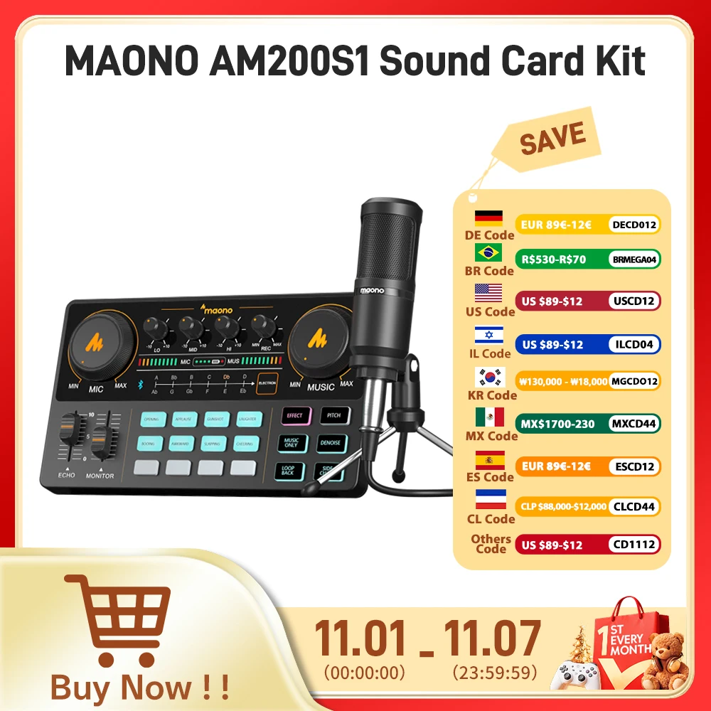 

Набор микрофонов для звуковой карты Maono AM200-S1, аудиоинтерфейс MaonoCaster с конденсаторным микрофоном для прямой трансляции, записи, ПК\телефона