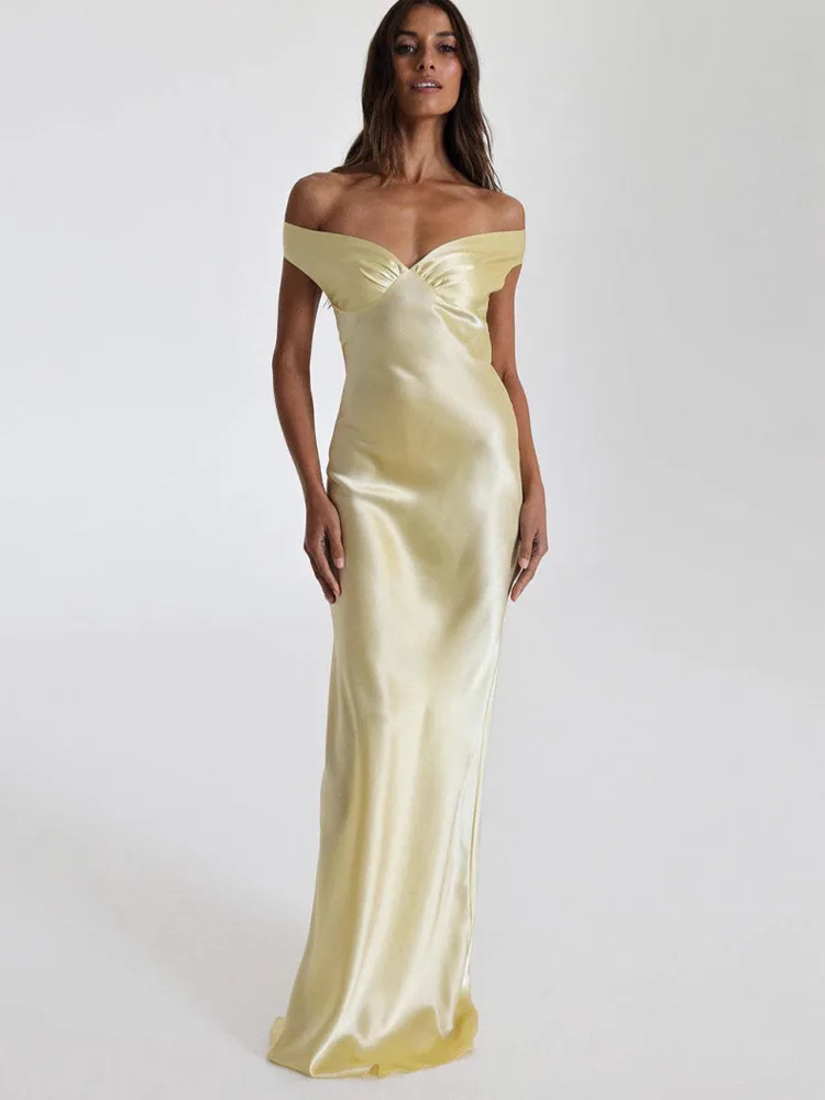 Arctic Cat Sexy Satijn Off-Shoulder Bodycon Party Club Avondjurk Vrouwen Elegante Backless Slanke Effen Kleur Formele Jurk vestidos