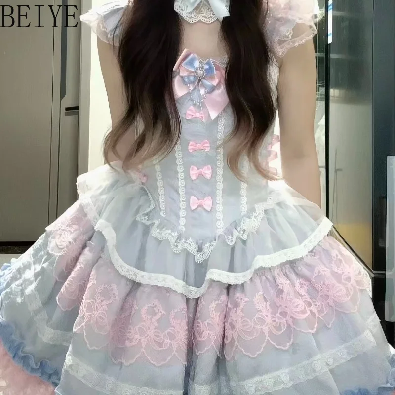 Elegant High Waist Short Dress Lolita Style Cute Blue Pink Birthday Princess Dresses 2026 New Summer Women's Jsk Dress