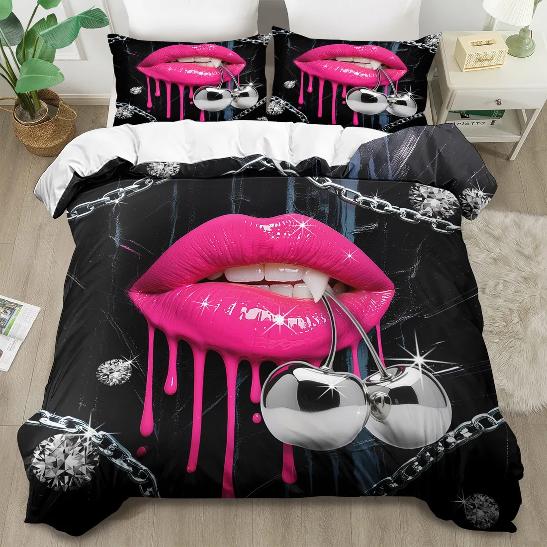 Pink Fangs Lips Chrome Cherry Duvet Cover Set Multi Size Quilt Cover Queen Size Bedroom Bedding Decoration Machine Washable Adult Boy Girl Bedroom