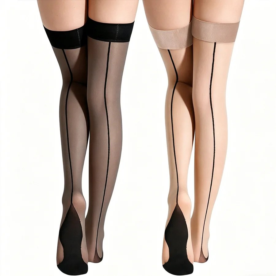 Women's Over Knee Socks Black Retro Knee High Socks Wide Ribbed One Thread Sexy Thigh Socks Summer Transparent Lolita Sockings