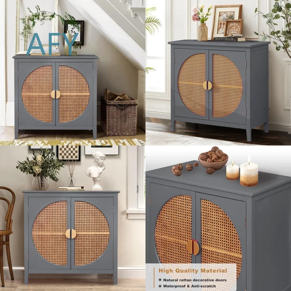 Modern Wooden Round Rattan Surface Sideboard Cabinet for Dining Room Living Room Storage Furniture with Customizable Options