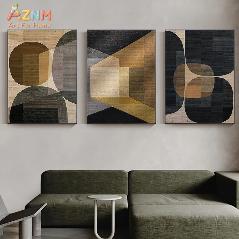 AZNM Modern Minimalist Geometric Abstract Canvas Wall Art Neutral Brown Black Vintage Texture Aesthetic Geometric Shape Painting