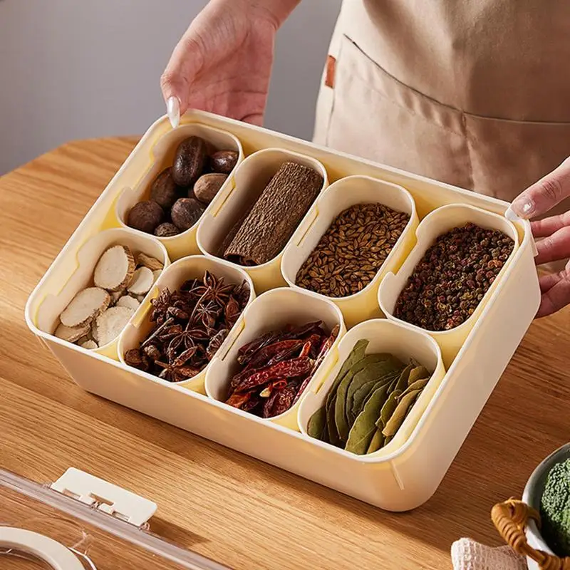 Spices Container Set 8 Compartments Food Grade Seasoning Box with Clear Lid Multifunctional Storage Box Seasoning Containers