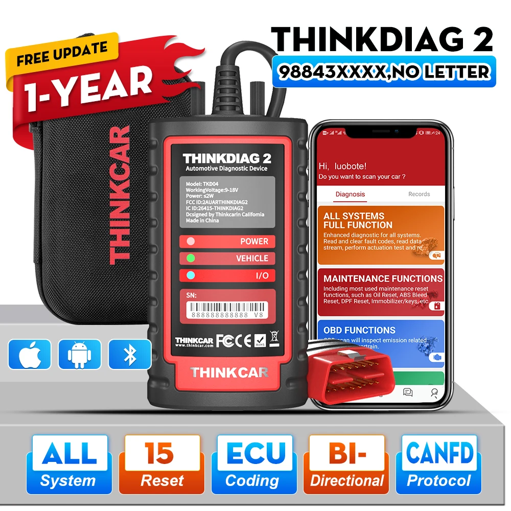 Outils de diagnostic OBD2 Thinkdiag 2 Ediag plus 2026, ajout du protocole CAN FD, codage ECU Bluetooth, test actif, scanner OBD2 pour tous les systèmes
