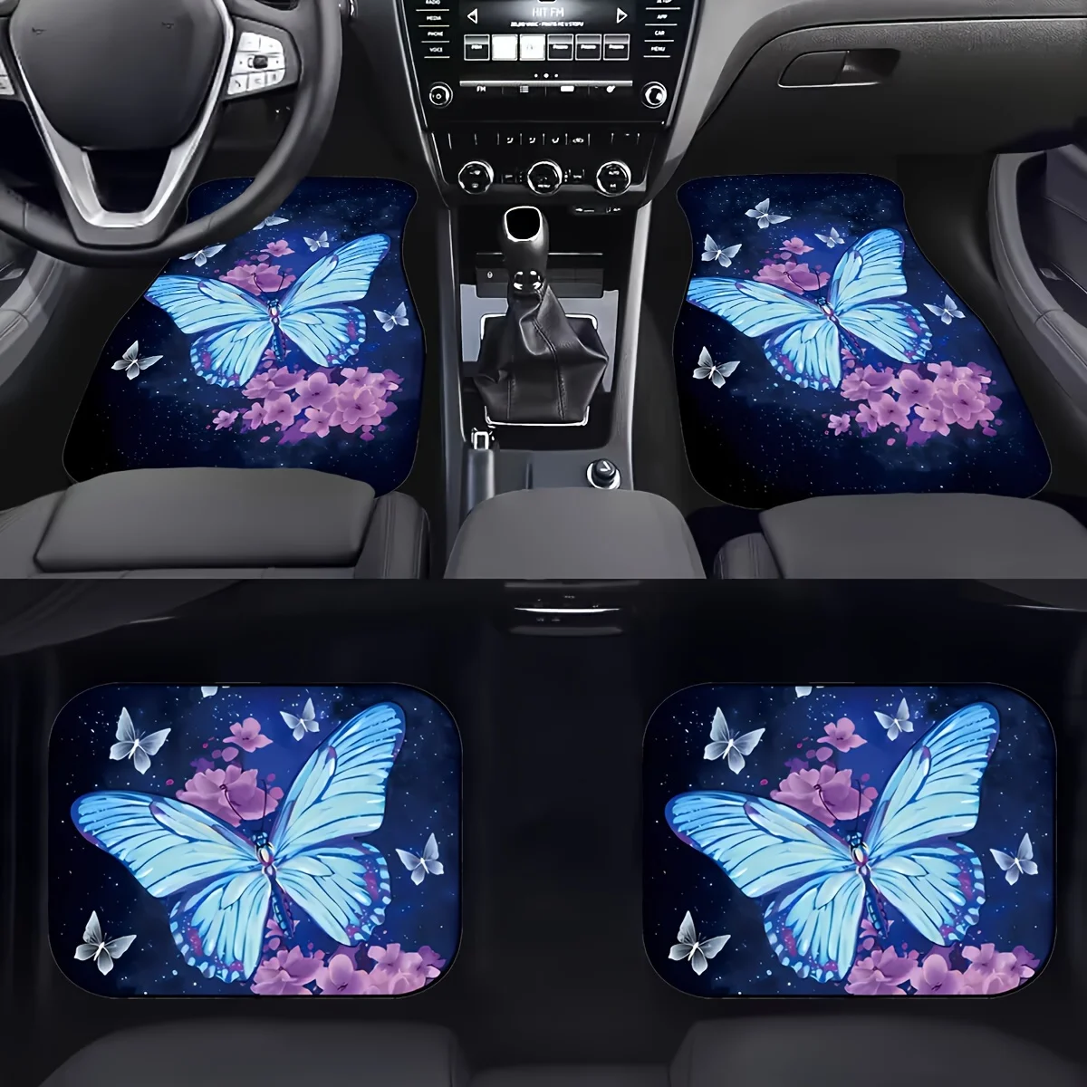 4pcs Butterfly And Flower Printed Car Floor Mats, Car Front & Rear Seats Floor Mats For SUV, Sedan, Van For Women, Girl