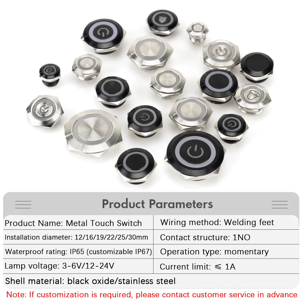 12/16/19/22/25/30mm Short Stroke Mini Waterproof Metal Push Button Switch Power Led Light Momentary 5/12/24V Black 1NO Red Green