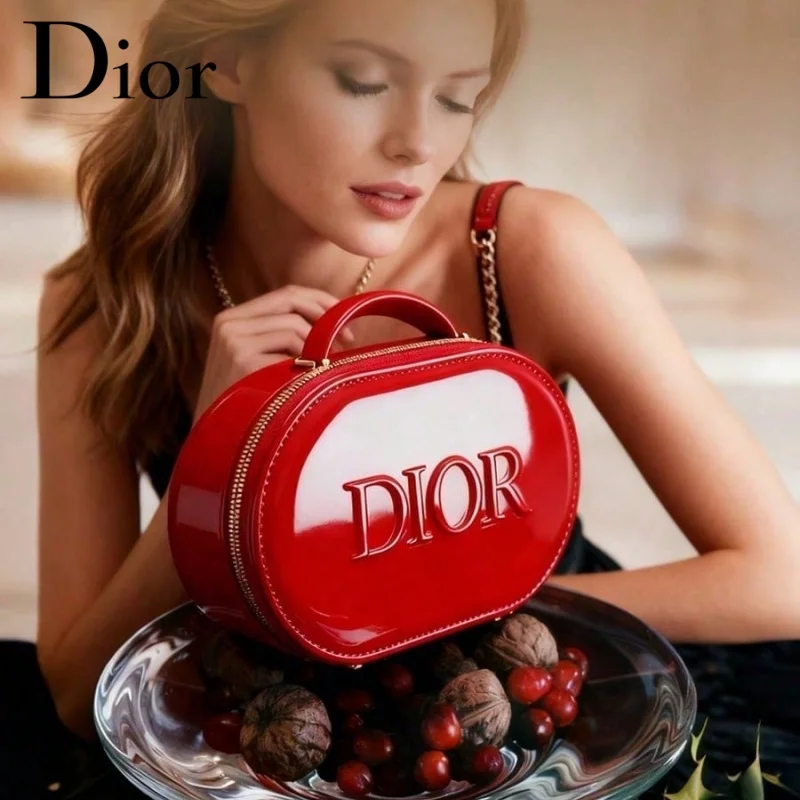 Dior Dior’s Bag Luxury Glossy Bright Red Oval Handheld Makeup Organizer Pouch Patent Leather Embossed Logo Waterproof Travel Cos - view 5