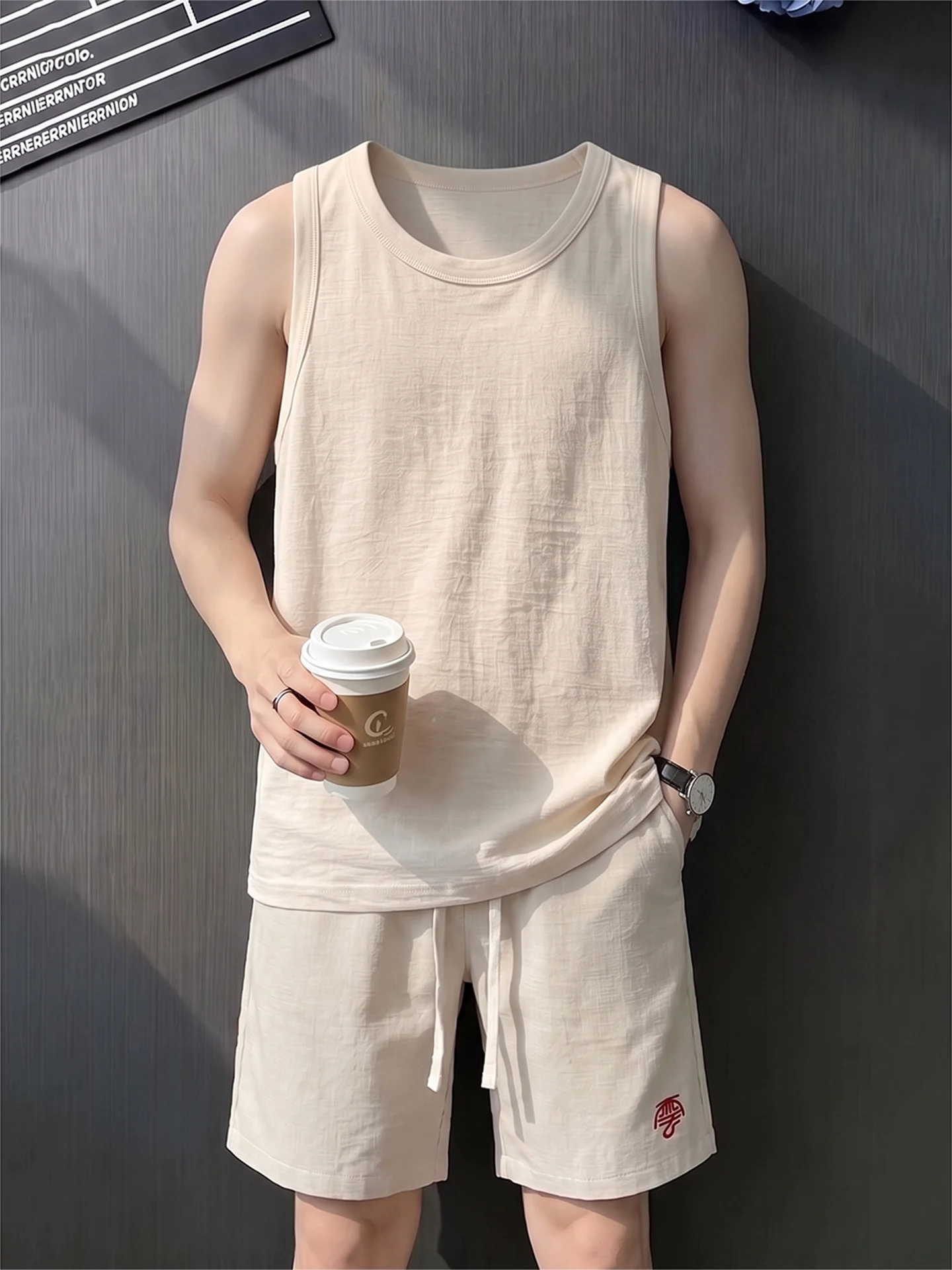 Lightweight Cool Feeling Linen Simulation Men's Vest Shorts Set Summer Breathable Casual Sportswear Couple Matching