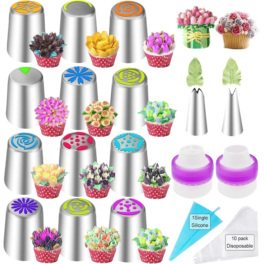 27 Russian Tulip Cream Icing Tip Stainless Steel Nozzle Set Candy Decoration Tool for Cupcakes Cookies Birthday Party Baking Too