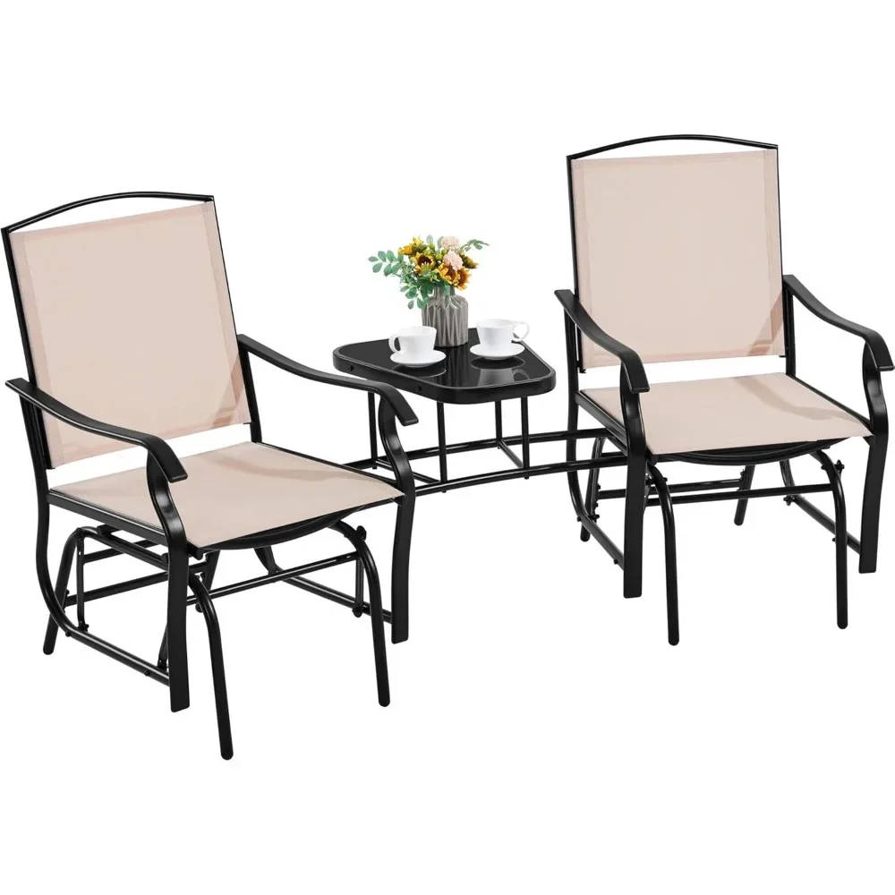 Outdoor Glider Chairs with Glass Table Rocking Chairs，Outdoor Loveseat Patio 2-Seat with Breathable Sling Fabric for Lawn