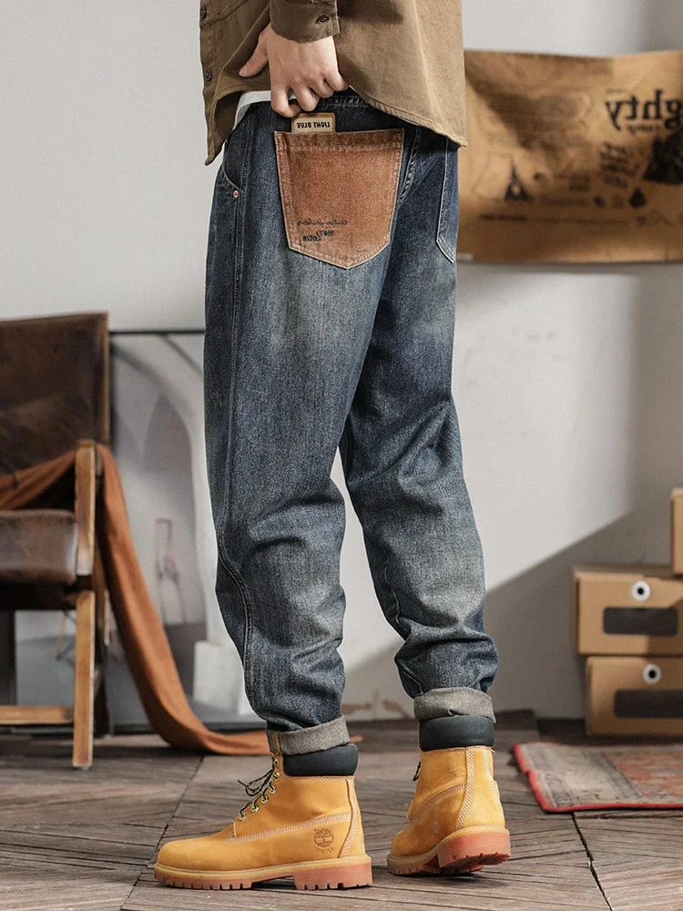 

American Retro Loose Straight Leg Jeans Men Summer Trendy Amekakashi Casual Pants mid Waist Zipper No Stretch Youth Popular