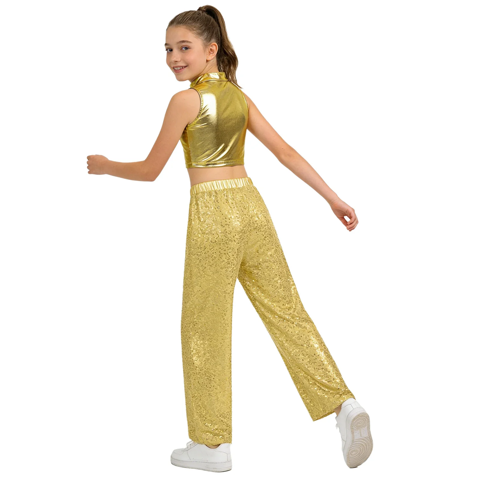 Kids Girls Rhythmic Modern Metallic Dance Wear Performance Outfit Sleeveless Crop Top with Sequin Pants Jazz Dance Stage Costume