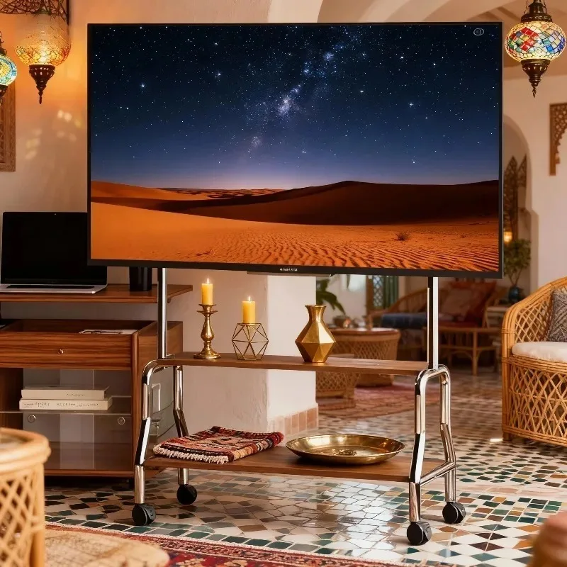 حامل تلفزيون متنقل فاخر من الفولاذ المقاوم للصدأ والخشب عربة تلفزيون متدحرجة مع عجلات قابلة للقفل لأجهزة التلفاز مقاس 32-75 بوصة في المنزل الراقية
