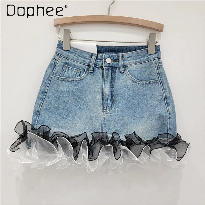 Denim Skirts Ruffle Mesh Patchwork Women Summer Fashion Contrast Color Slim A Line Jeans Skirts Wrap Hip Mini Skirt Female