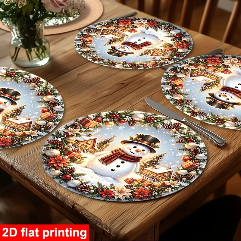 VIKAMA Snowman Cardinal Bird Round Placemat, Non Slip Washable Heat Resistant Table Mat, Vintage Christmas Winter Kitchen Decor