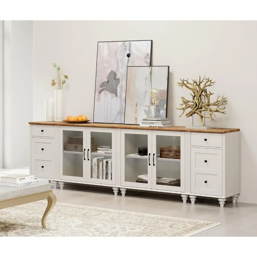 Suporte de TV grande para TV de 100 polegadas, mesa de console de TV LED para TV de 85 90 95 polegadas, centro de entretenimento com estação de carregamento e porta de vidro