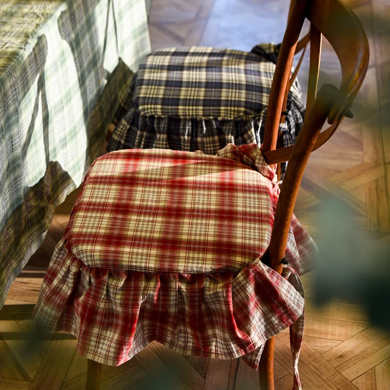Pastoral Style Cotton Checkered Chair Cushion,American Retro Wood Ear Lace Sofa Pillow,Thick Anti Slip Horseshoe Shaped Cushion