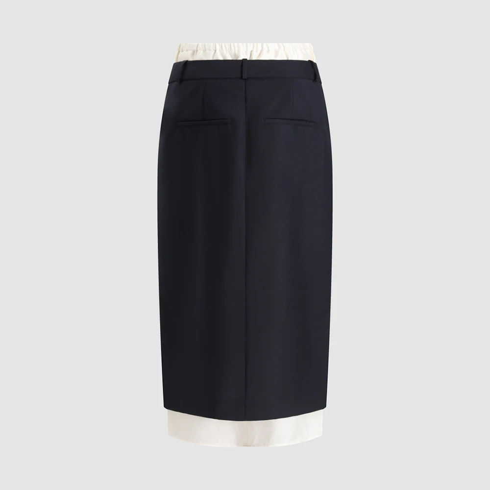 Ladies Wool‑Blend Pencil Skirt High Waist Fake Two‑Piece Back Vent Straight Skirt Elegant Office Business Commuter Formal Skirt