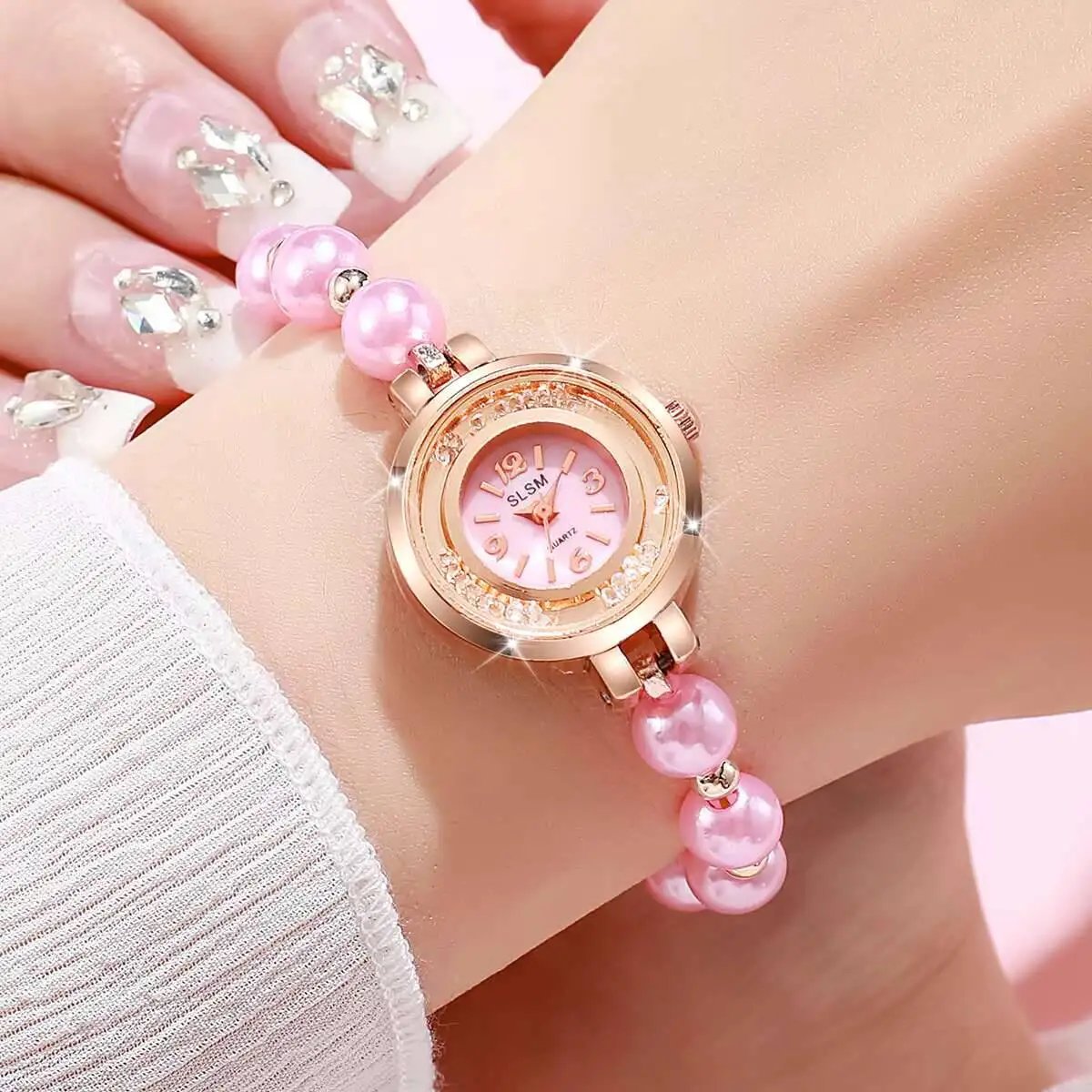 2 шт./компл. роскошные женские часы со стразами, модный браслет с искусственным жемчугом, кварцевые наручные часы Reloj Mujer (без коробки)