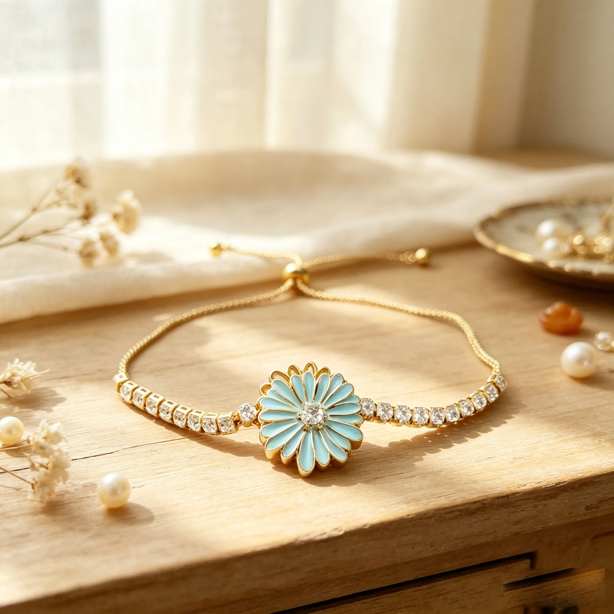 Women Adjustable Blue Enamel Daisy Zircon Tennis Bolo Bracelet for Casual Outfit & Graduation Commemorative Gifts Jewelry