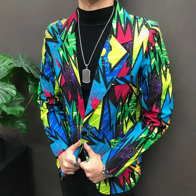 

Streetwear Hip Hop Singer Dancer Coat Colorful Graffiti Contrast Color Pattern Stage Costumes Men Slim Suit Blazer Jacket