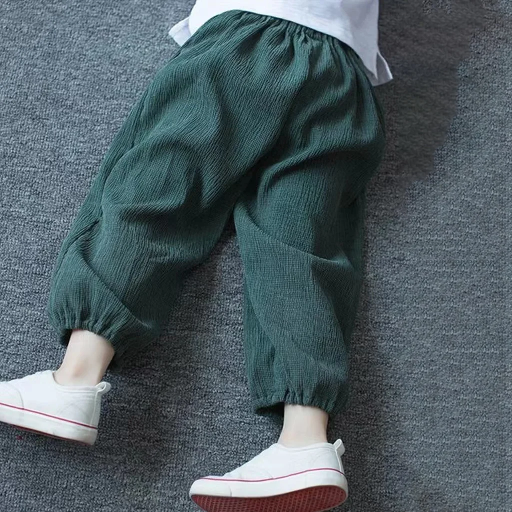 

2023 Summer New Boys Clothing Loose Thin Cotton Net Yarn Solid Color Kids Elastic Waist Spliced Pocket Fashion Lantern Pants