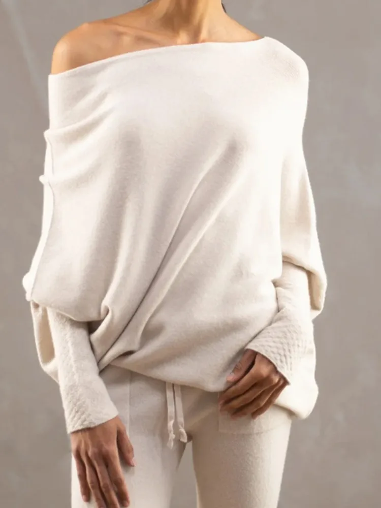 Women One Size Pullover Jumpers Solid Color Neck Pullover Knitted Female Comfortable Commuter Off Shoulder Slash Neck Sweater