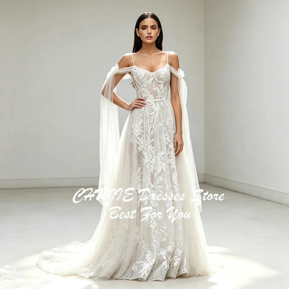 Champagne Wedding Dresses Woman Bridal Robe Boho Bridal Gown Lace Applique Sweetheart Off Shoulder Bride Dress Vestidos De Noiva