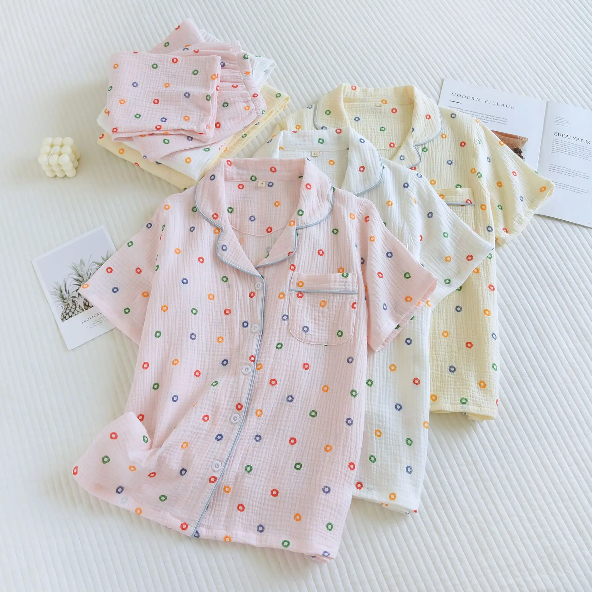 

Summer Women's Contrast Pajama Set Crepe Cotton Dot Candy Cute Lapel Night-clothes Tricolor Pocket Buttons New Design Nightwear