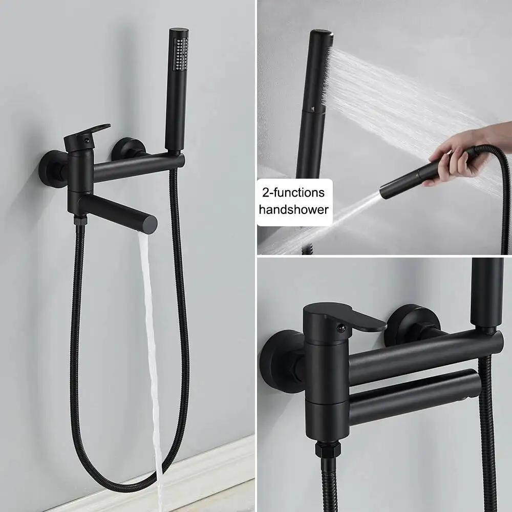 

Black Bathtub Faucet In Wall Rotating Spout Bathroom Tub Mixer Tap Single Handle Multifunction Handshower Shower System