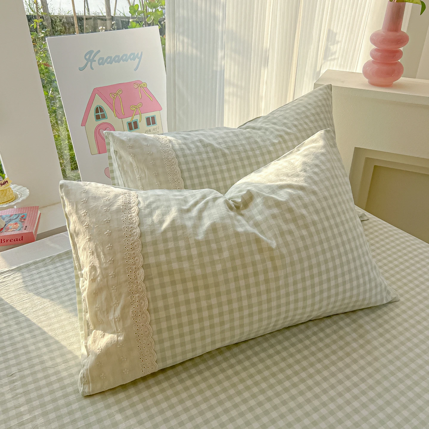 2 Stück Koreanischer Prinzessinnen-Stil Kissenbezug Große Spitze Rüschen Mädchen Schlafzimmer Dekorativer Weicher Hautfreundlicher Karierter Kissenbezug – Detail 6
