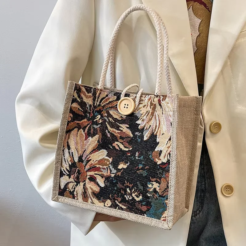 Tragbare Leinenhandtasche für Studenten, Lunchbox-Tasche, einfache Damenhandtasche, Mini-Sack, Pendlerhandtasche