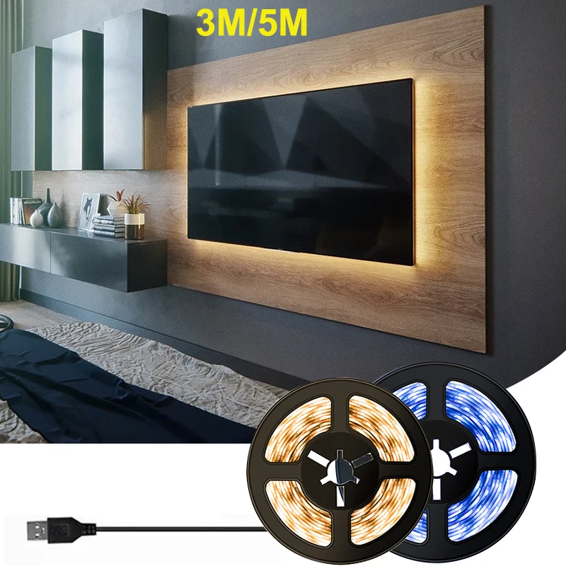 Bande lumineuse LED blanche chaude USB, rétroéclairage mural TV, bande lumineuse LED, décoration, contrôle intelligent, 5V