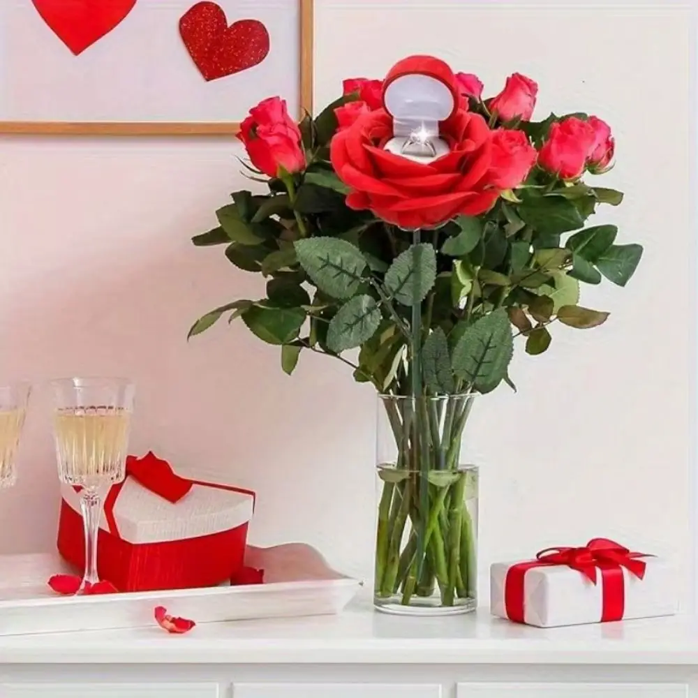 

Creative Wedding Ring Holder Realistic Red Velvet Jewelry Display Box Flocked Artificial Rose Packaging Rose Flower Ring Box