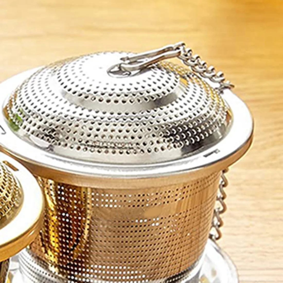 Loose Leaf Tea Infuser (Set of 2) with Tea Scoop and Drip Tray - Ultra Fine Stainless Steel Strainer & Steepe Gold