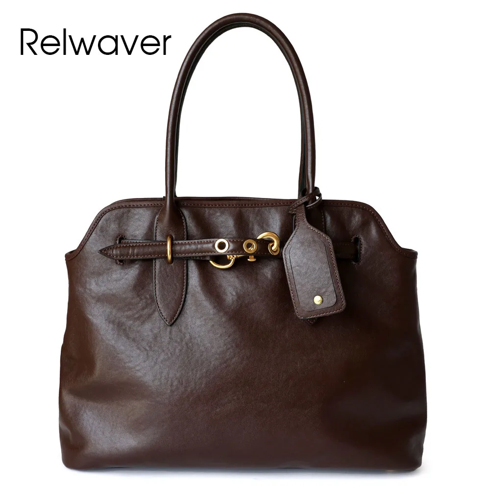 Relwaver women genuine leather tote bag tree cream cow leather handbag 2024 winter brown black big capacity commuting women bag