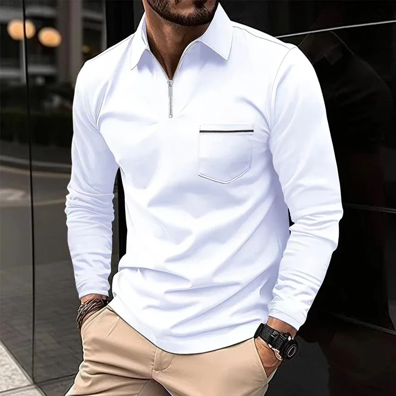 Men's Fashion POLO Shirt Autumn Long Sleeve Lapel Zipper Pocket Business Casual Shirt Golf T-shirt Pullover Street Wear XS-XL