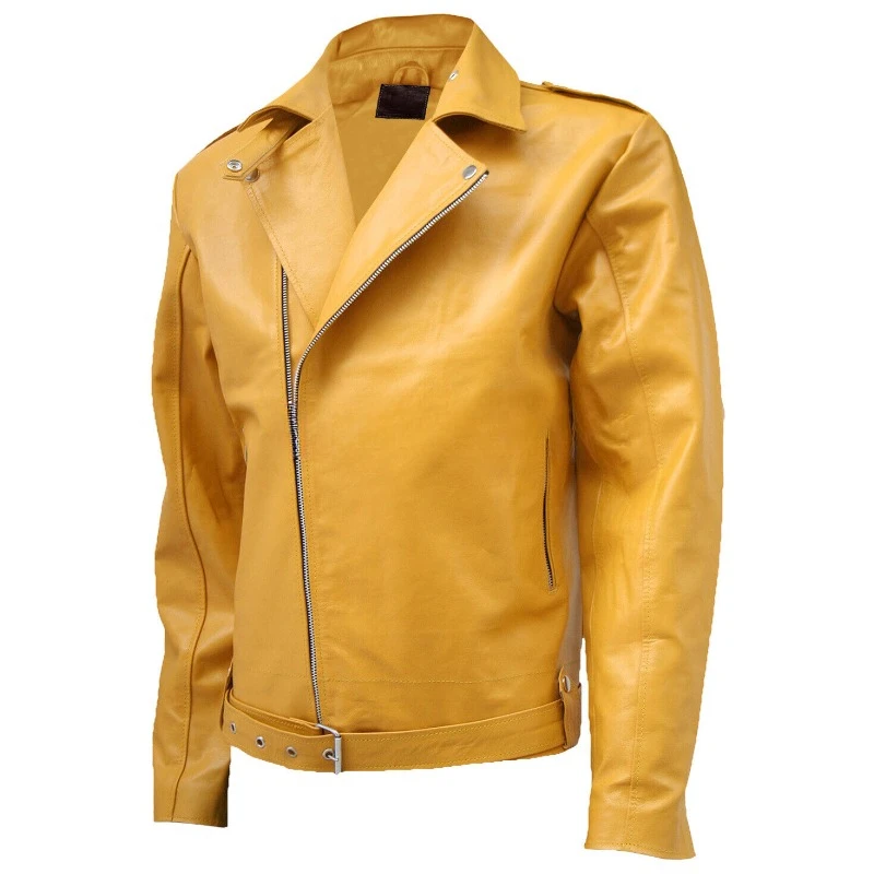 Classic Men's Genuine Lambskin Real Leather Jacket Yellow Casual Wear Biker Coat