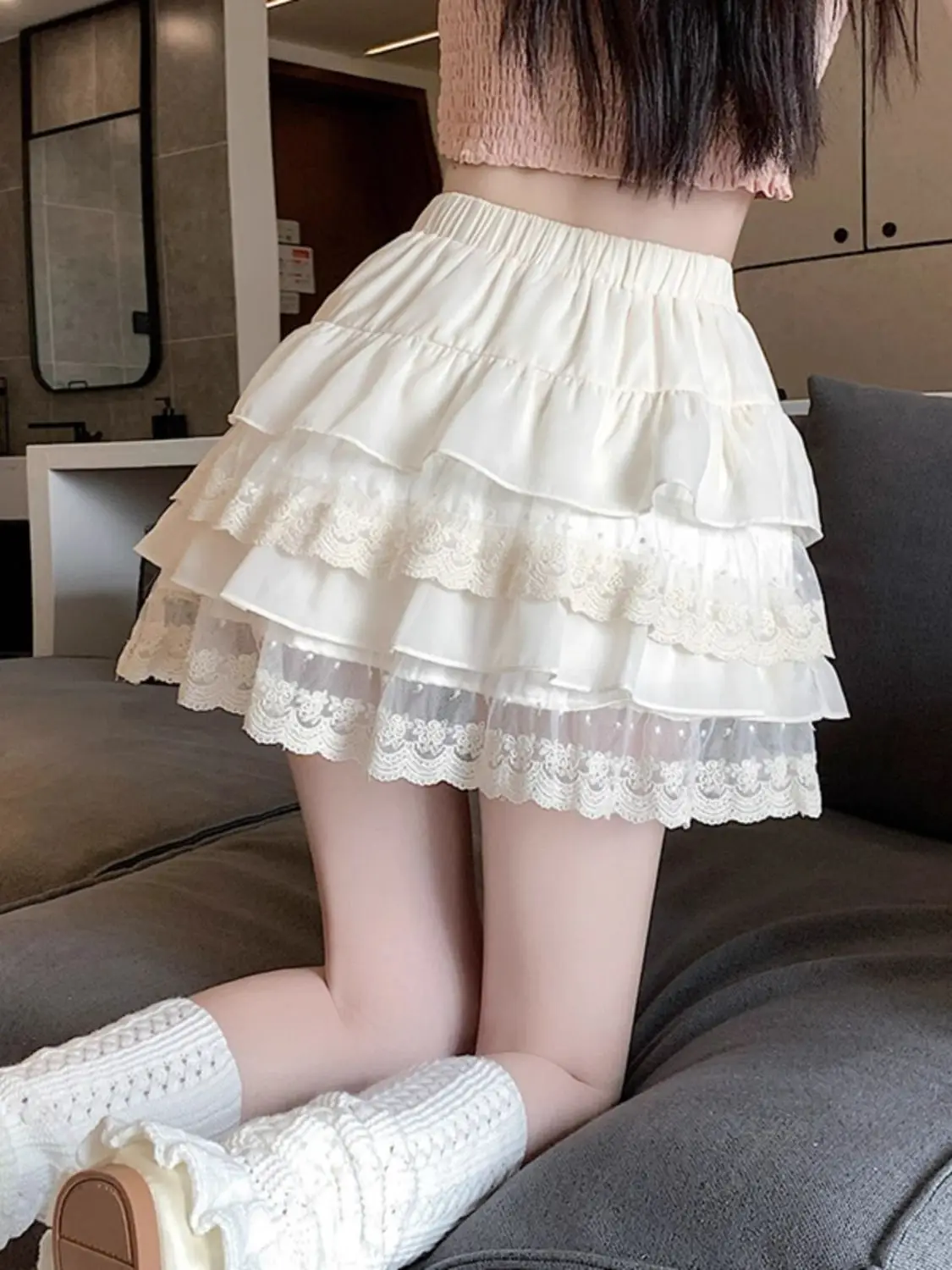 

Summer Lady New White Lace Cake Elastic Waist High Waisted Appear Thin Solid Color A-line Skirt All-match Fluffy Short Skirt