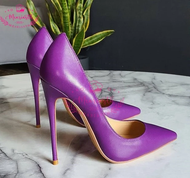 2023 Purple Soft Leather Stiletto Heels Pumps 12cm Slip-on Pointed Toe Green Pink High Heels Sexy Women Dress Shoes plus size 43