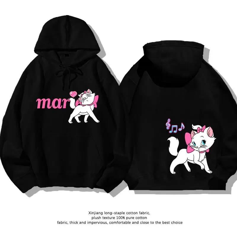 Sudadera con capucha negra de Disney Marie para mujer y niño, sudadera de algodón con lazo rosa, diseño de flor de cerezo, texto de Marie, fondo naranja, 2025