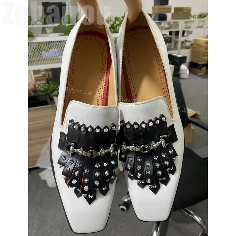 Metal Rivets Black Tassels White Square Toe Loafers Fashion Slip On Men Shoes Luxury Handmade Party Feast Office Men Dress Shoes