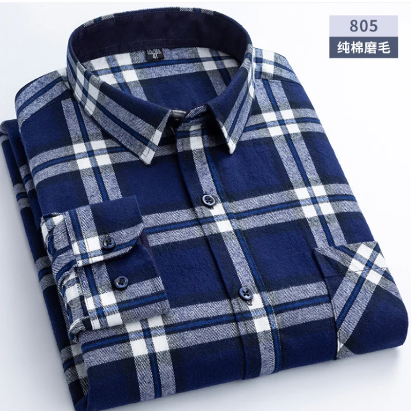 6XL Autumn/Winter Large Men\'s 100% Cotton Plaid Brushed Long Sleeve Shirt Wrinkle Resistant Business Casual No Iron Thick